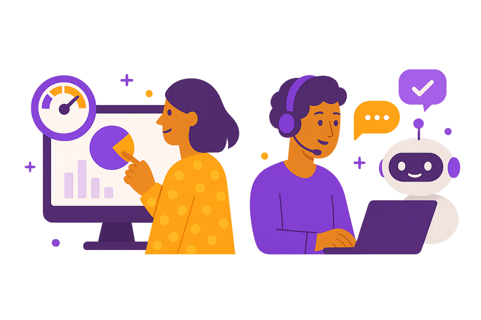 Content optimization and intelligent support illustration showing data analysis and AI customer service