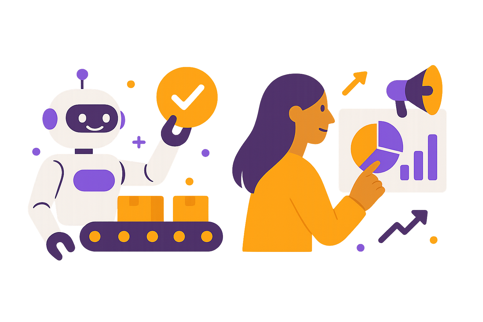 Workflow automation and marketing campaigns illustration showing AI robot and data analytics